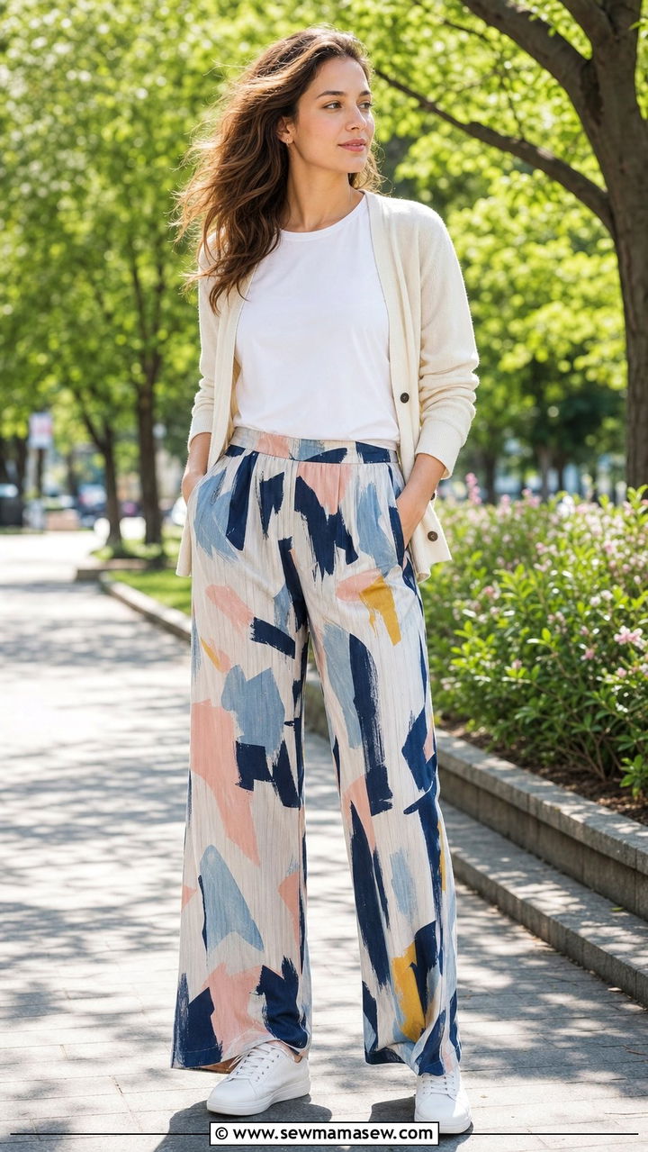 Printed trousers and white tee outfit - 25 spring casual friday outfit ideas