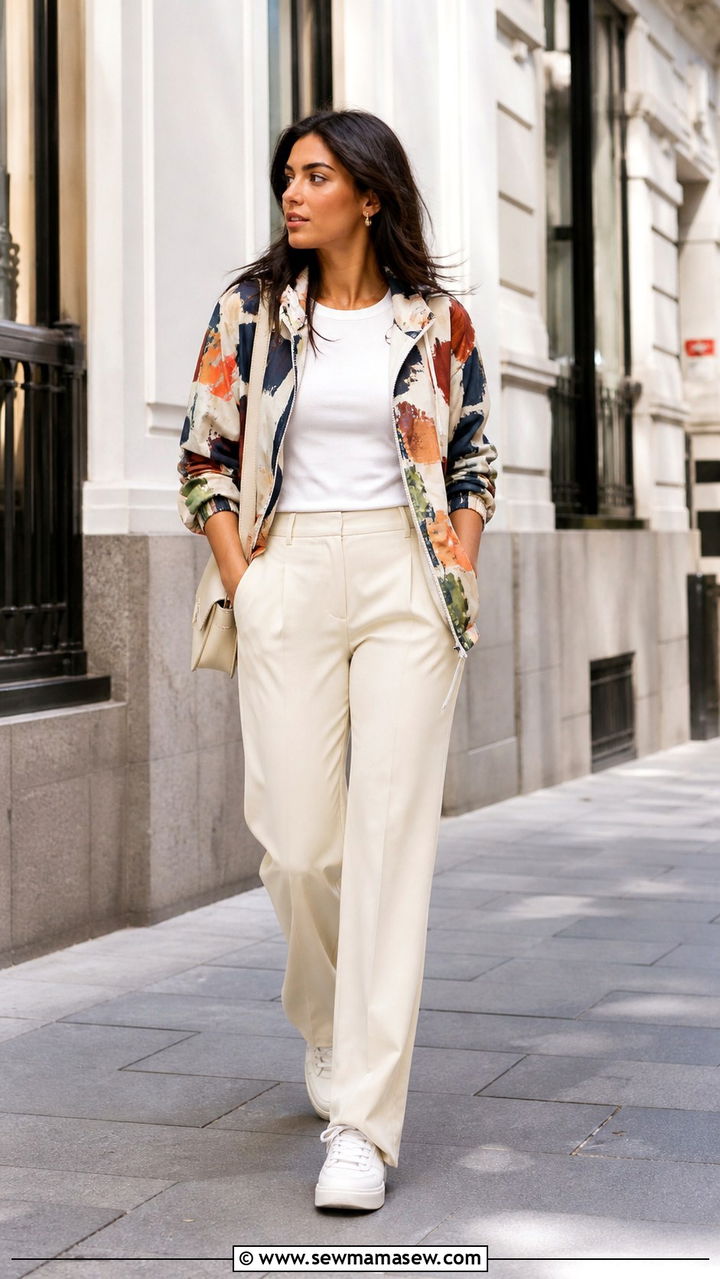 Printed windbreaker with neutral trousers outfit - 40 windbreaker outfits
