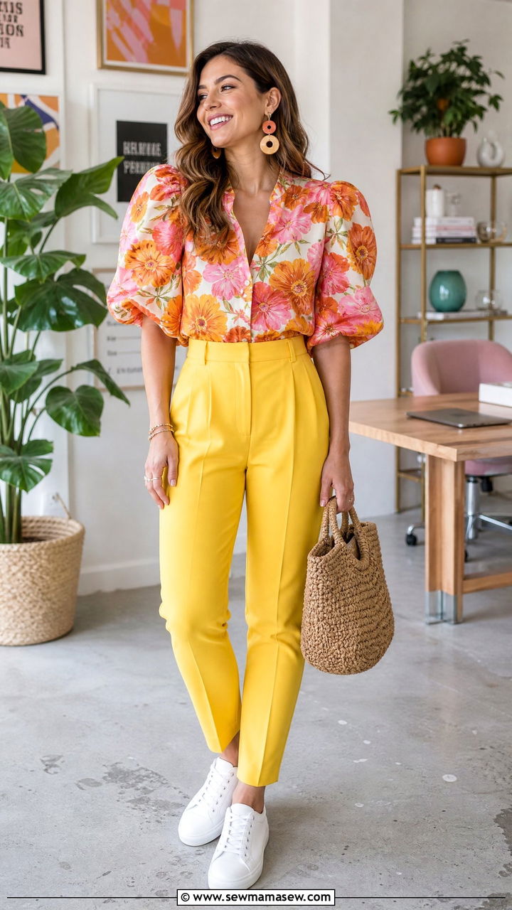 Printmaxxed floral top with color blocked trousers - 25 fashion inspo outfits 2026