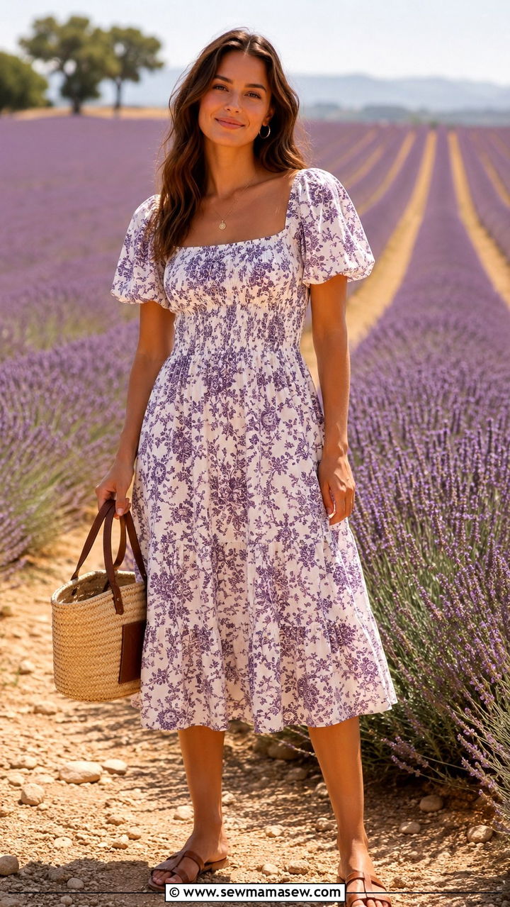 Provencal Print Midi Dress With Woven Tote And Leather Sandals - 25 Provence outfit ideas