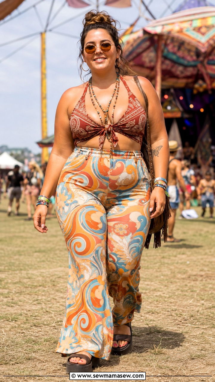 Psychedelic Flared Pants With Bandana Halter Top And Round Sunglasses - 30 Plus size outfit ideas for festival