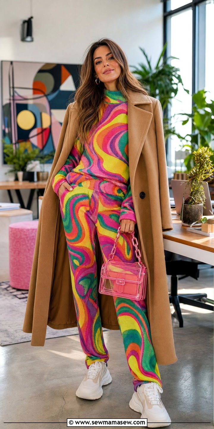 Psychedelic Knit Set With A Long Wool Overcoat - 25 classy maximalist outfits