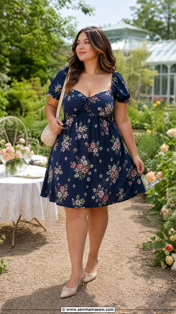Puff Sleeve A Line Dress Outfit with Kitten Heel Slingbacks - 25 Flattering outfits for big thighs