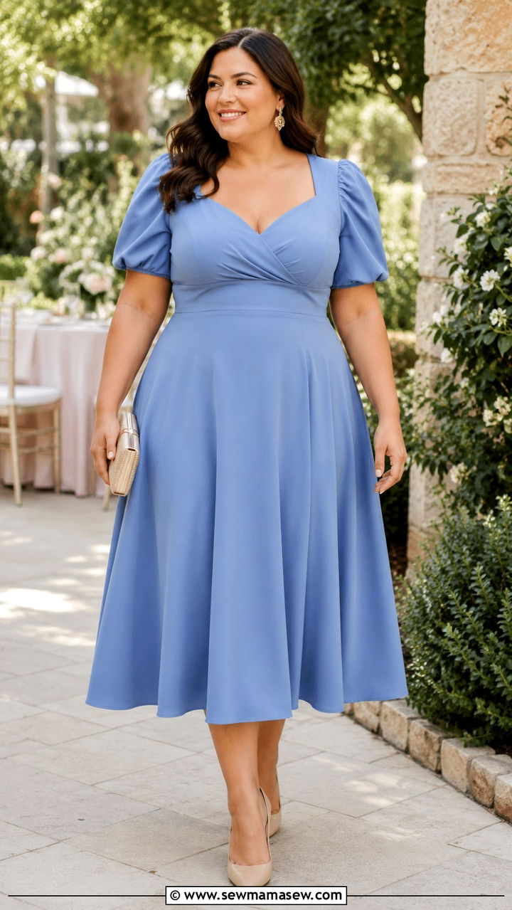 Puff Sleeve A Line Dress With Pointed Pumps - 25 Wedding guest outfit ideas for plus size mom