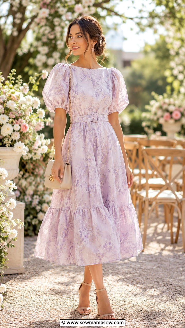 Puff Sleeve Belted Midi Dress With Block Heels - 25 Wedding guest outfit ideas hourglass
