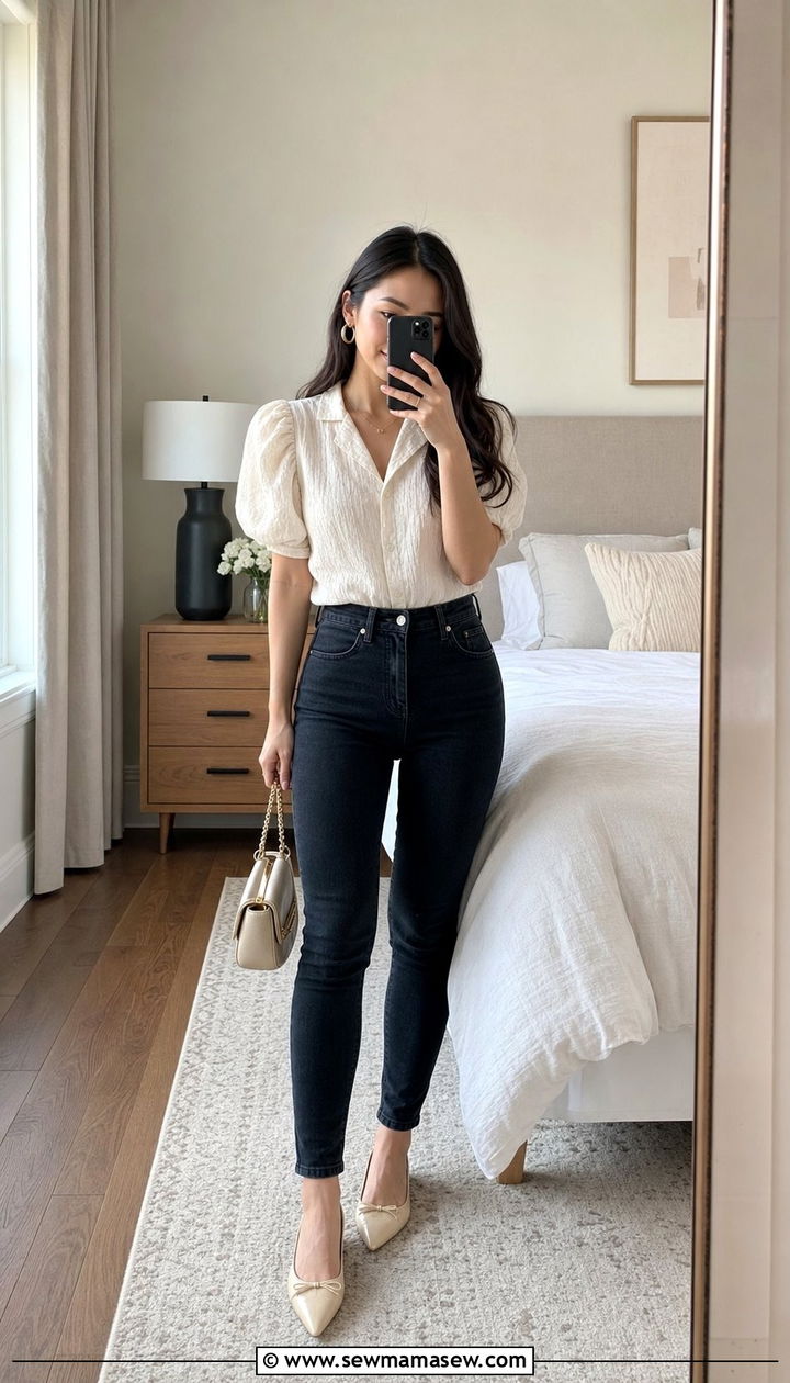 Puff Sleeve Blouse And Dark Skinny Jeans Brunch - 35 Brunch outfits for petite women