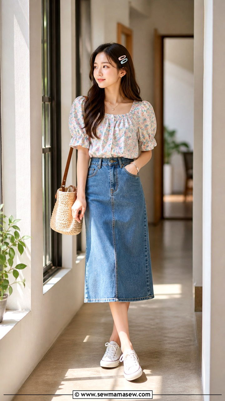 Puff Sleeve Blouse And Denim Midi Skirt Outfit - 40 back to school outfits 2026