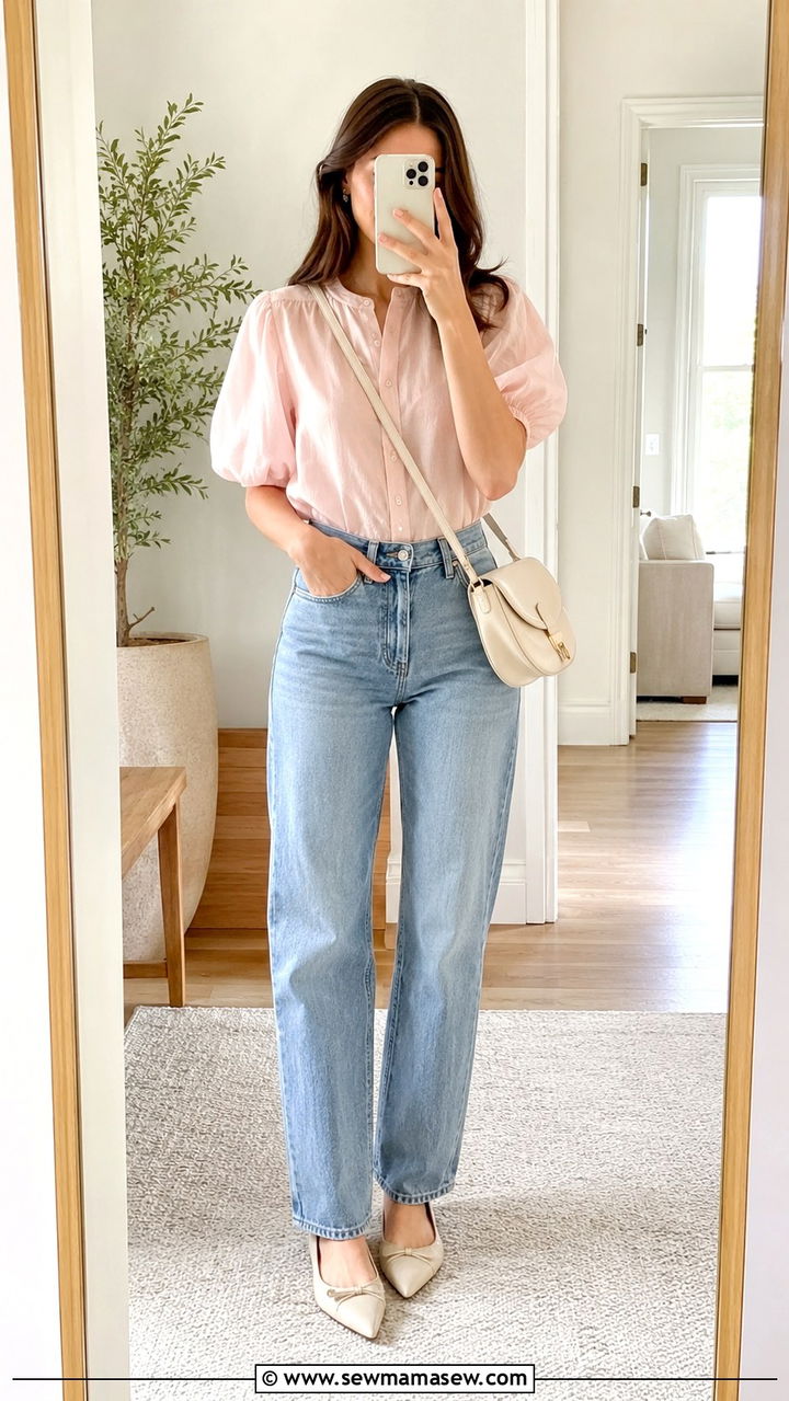 Puff Sleeve Blouse And Straight Leg Jeans With Crossbody Bag - 20 spring outfits with crossbody bag