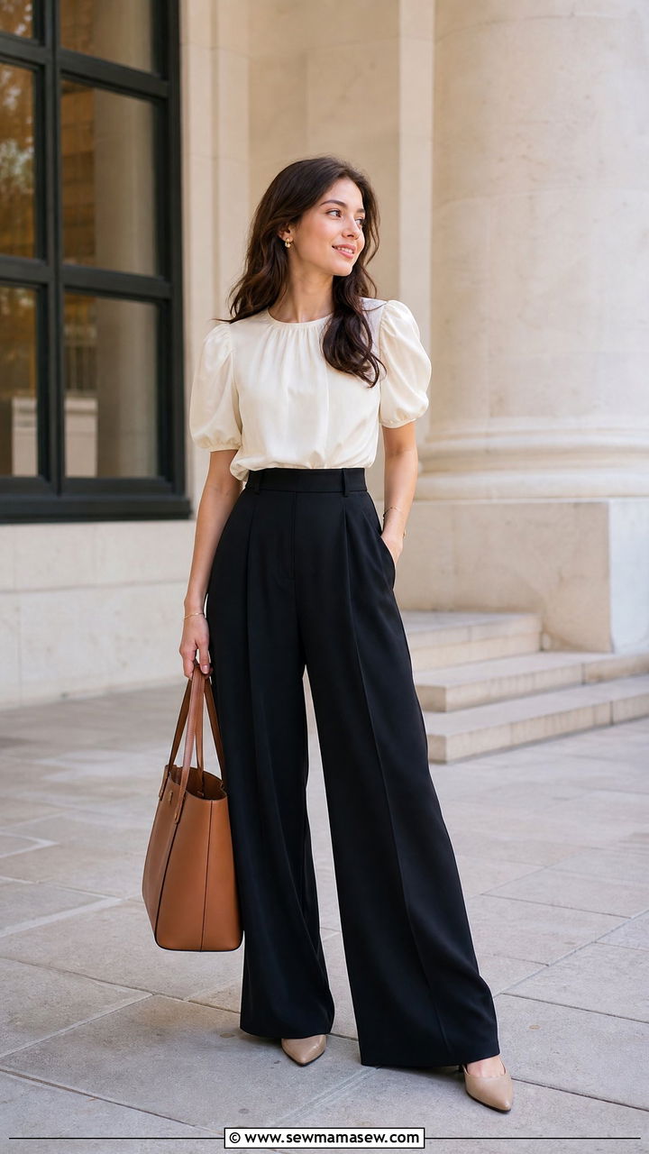 Puff Sleeve Blouse And Wide Leg Trousers School Outfit - 30 classy school outfits
