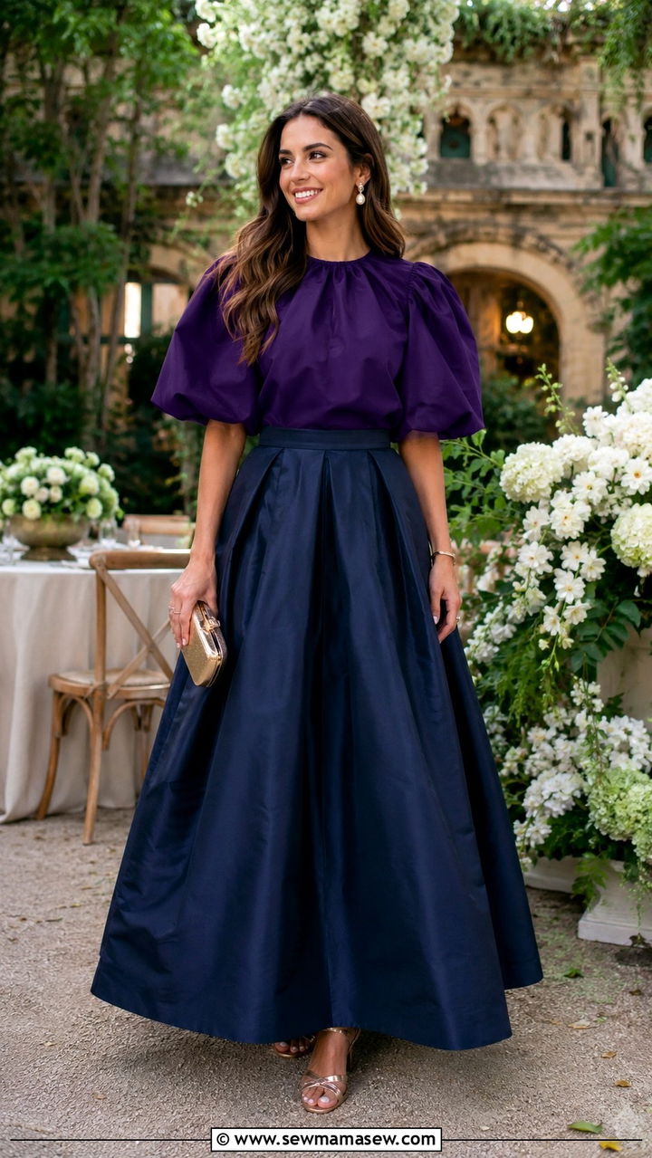 Puff Sleeve Blouse With A Taffeta Maxi Skirt Outfit - 30 how to style maxi skirt outfits