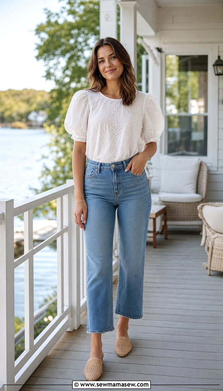 Puff Sleeve Blouse With Cropped Straight Leg Jeans And Mules - 25 Spring lake outfits