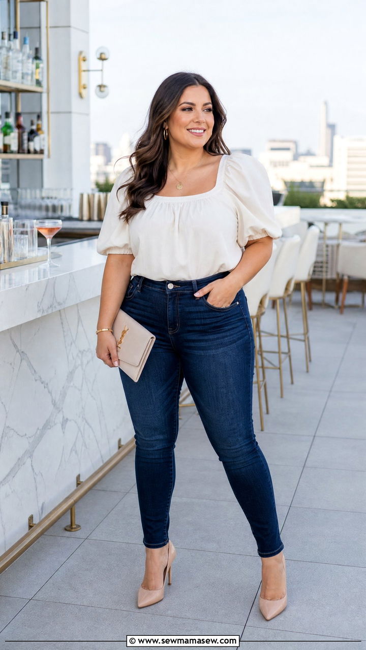 Puff Sleeve Blouse With Dark Wash Skinny Jeans And Heels - 35 Midsize capsule wardrobe