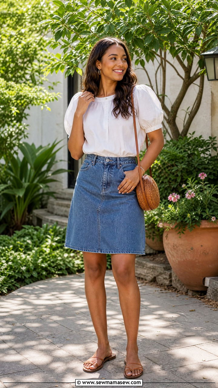 Puff Sleeve Blouse With Denim Skirt - 30 Summer outfits for family reunion