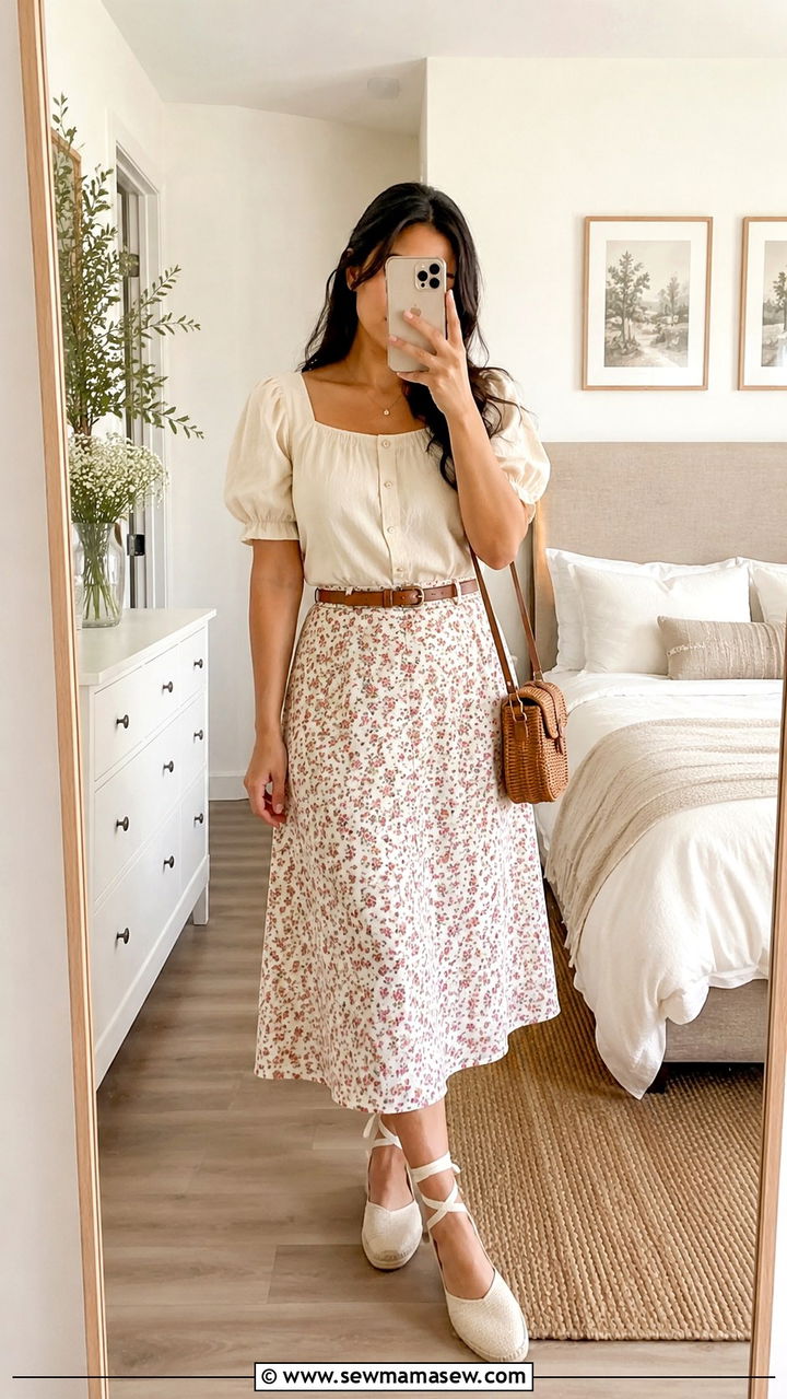 Puff Sleeve Blouse With High Waisted A Line Midi Skirt - 20 Cottagecore outfits for pear shape