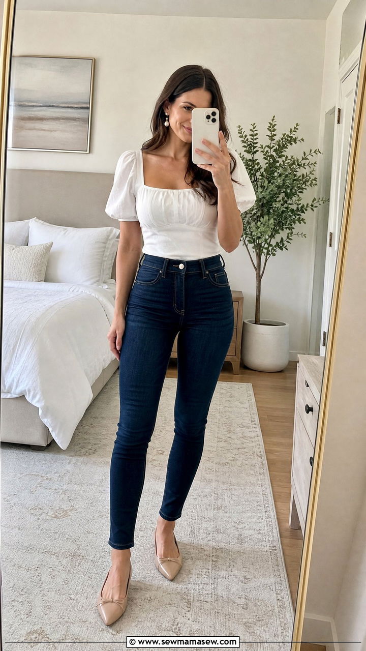 Puff Sleeve Blouse With High Waisted Dark Wash Jeans - 25 Petite outfit ideas for teens