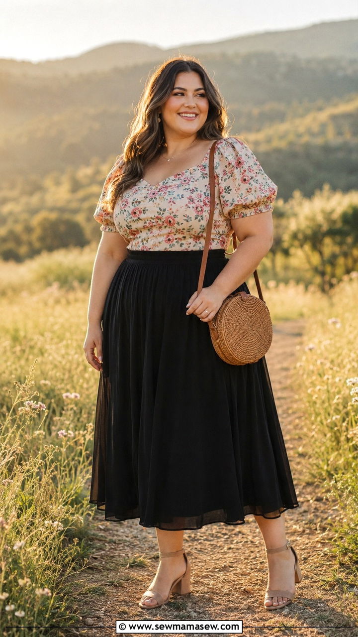 Puff Sleeve Blouse With Midi Skirt Photoshoot Outfit - 25 Photoshoot outfits for pear shape