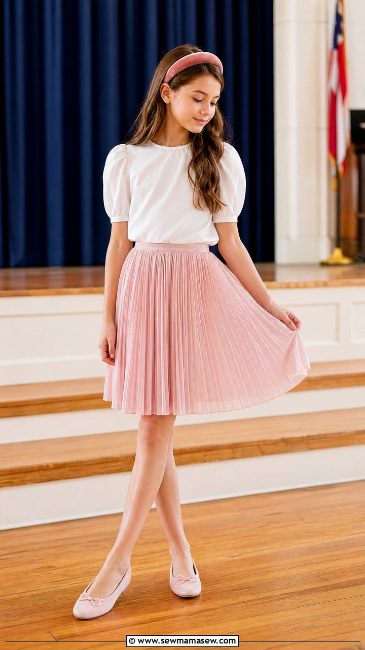 Puff Sleeve Blouse With Pleated Skirt Outfit - 30 Cute outfits for tweens