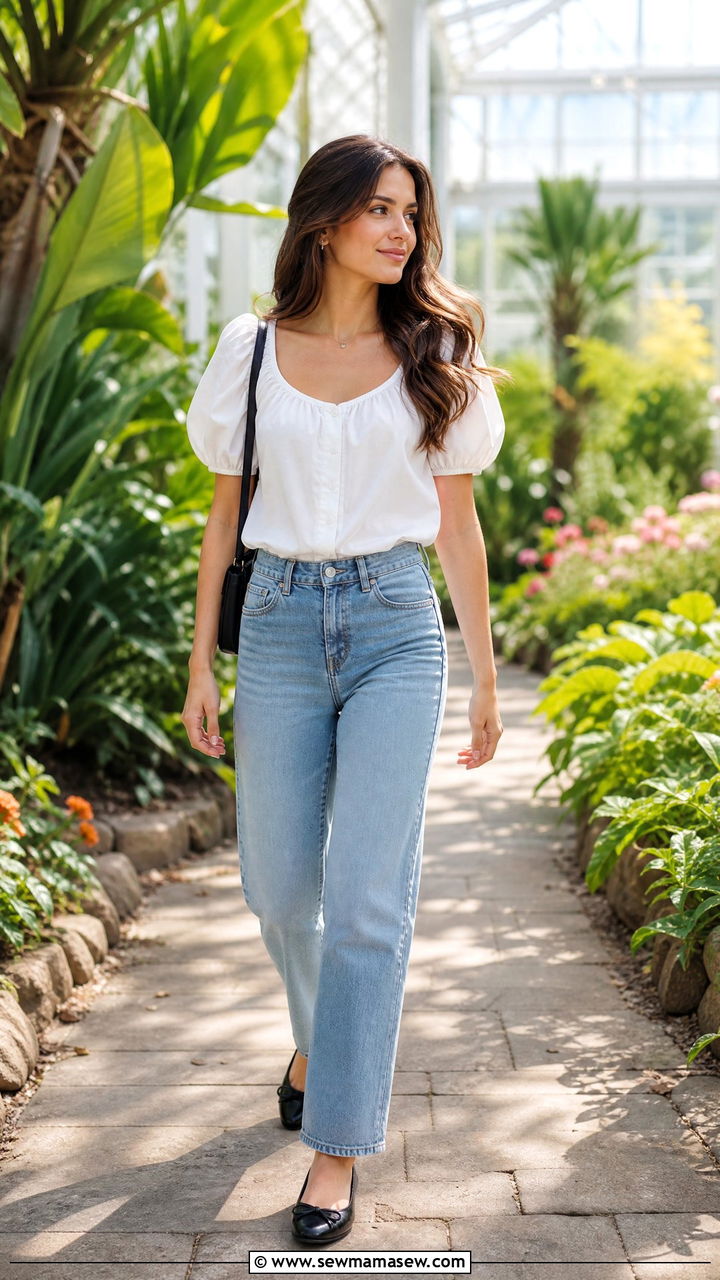 Puff Sleeve Blouse With Straight Jeans And Ballet Flats - 30 First warm day outfits