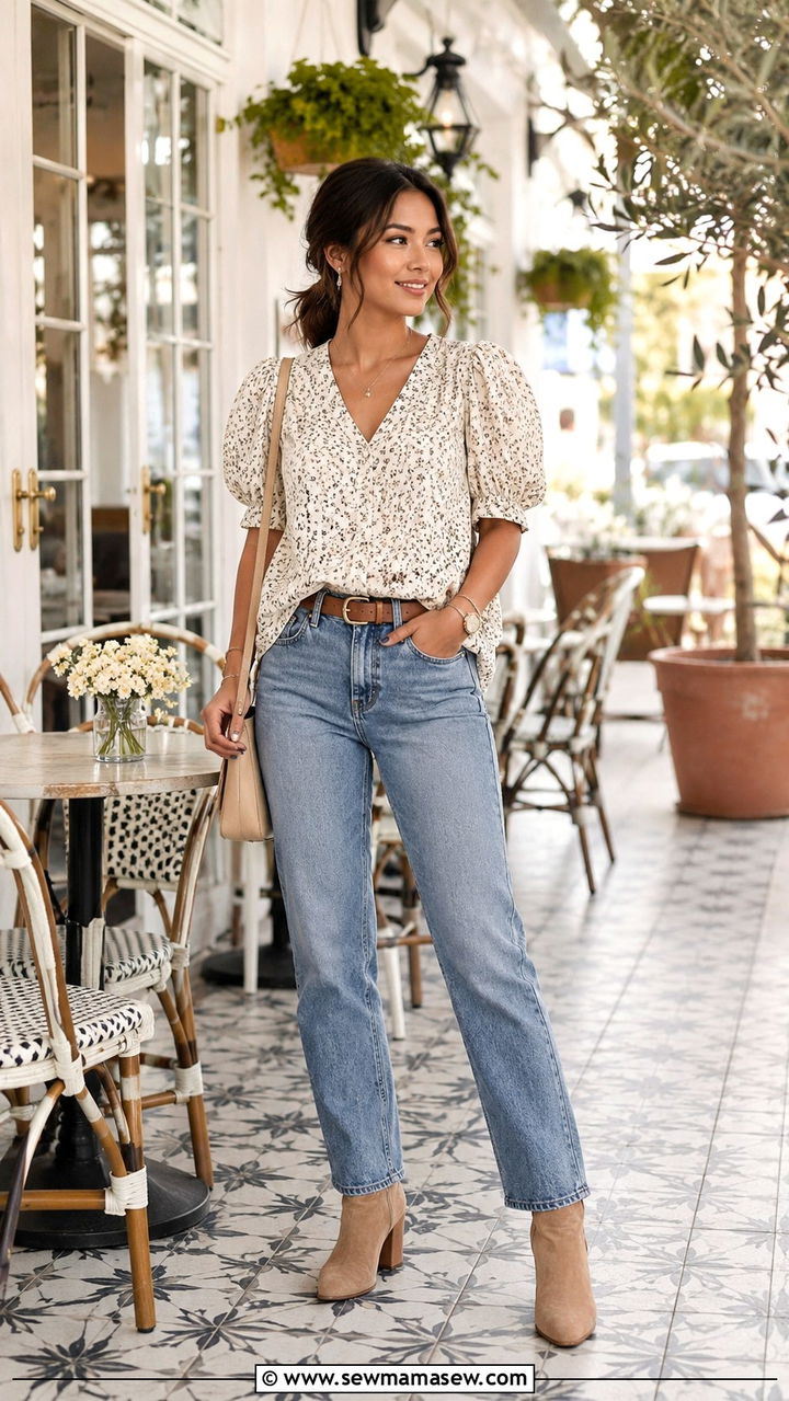 Puff Sleeve Blouse With Straight Leg Jeans - 25 Petite outfit ideas with rectangle body