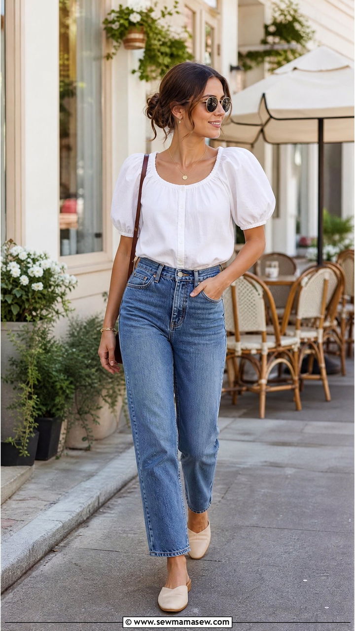 Puff Sleeve Blouse With Straight Leg Jeans - 25 casual outfits for rectangle body shape
