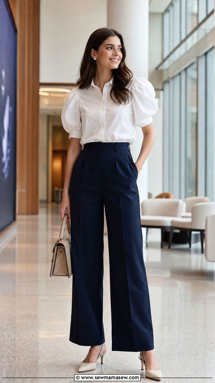 Puff Sleeve Blouse With Tailored Trousers - 30 College senior outfit ideas