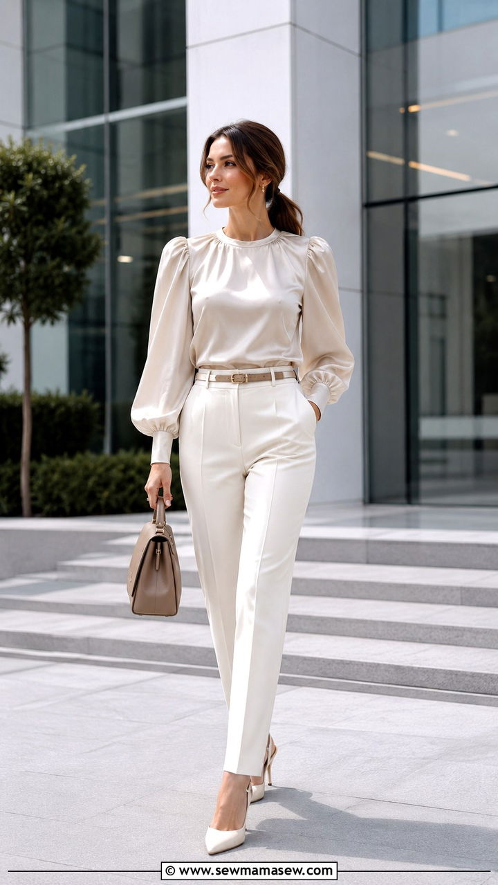 Puff Sleeve Blouse With Tailored Trousers Spring Outfit - 20 Spring outfits for skinny women