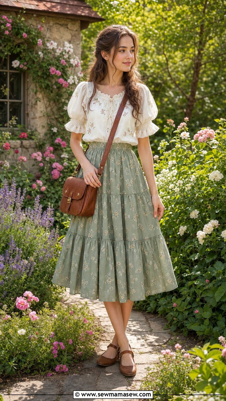 Puff Sleeve Blouse With Tiered Midi Skirt And Mary Janes - 25 summer fairycore outfit ideas