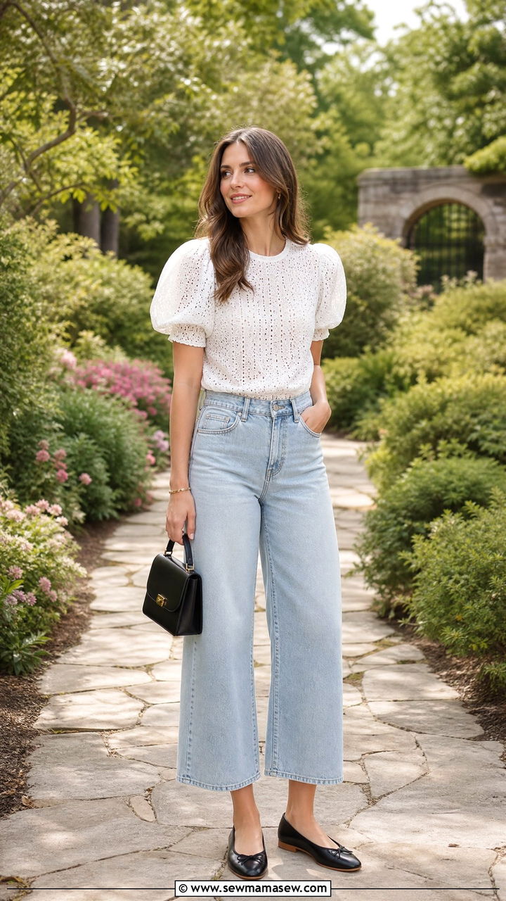 Puff Sleeve Blouse With Wide Leg Jeans And Ballet Flats - 30 Summer outfits with wide leg jeans
