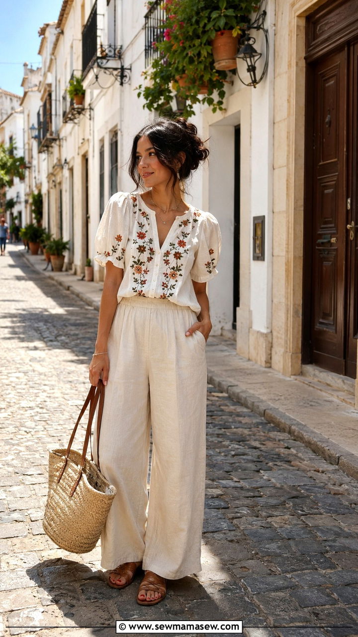 Puff Sleeve Blouse With Wide Leg Linen Pants - 30 casual fairycore outfits