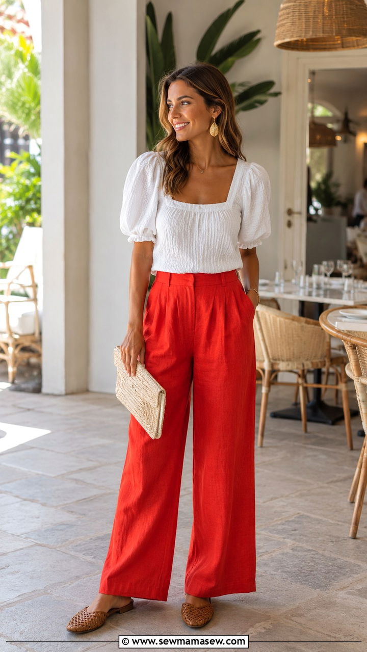 Puff Sleeve Blouse With Wide Leg Linen Pants - 30 Tomato girl summer outfits