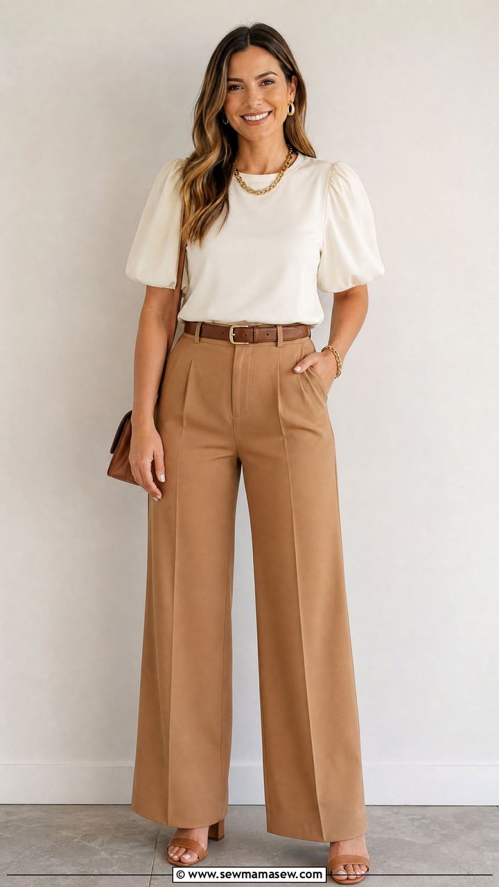 Puff Sleeve Blouse With Wide Leg Trousers - 35 Graduation outfits for moms