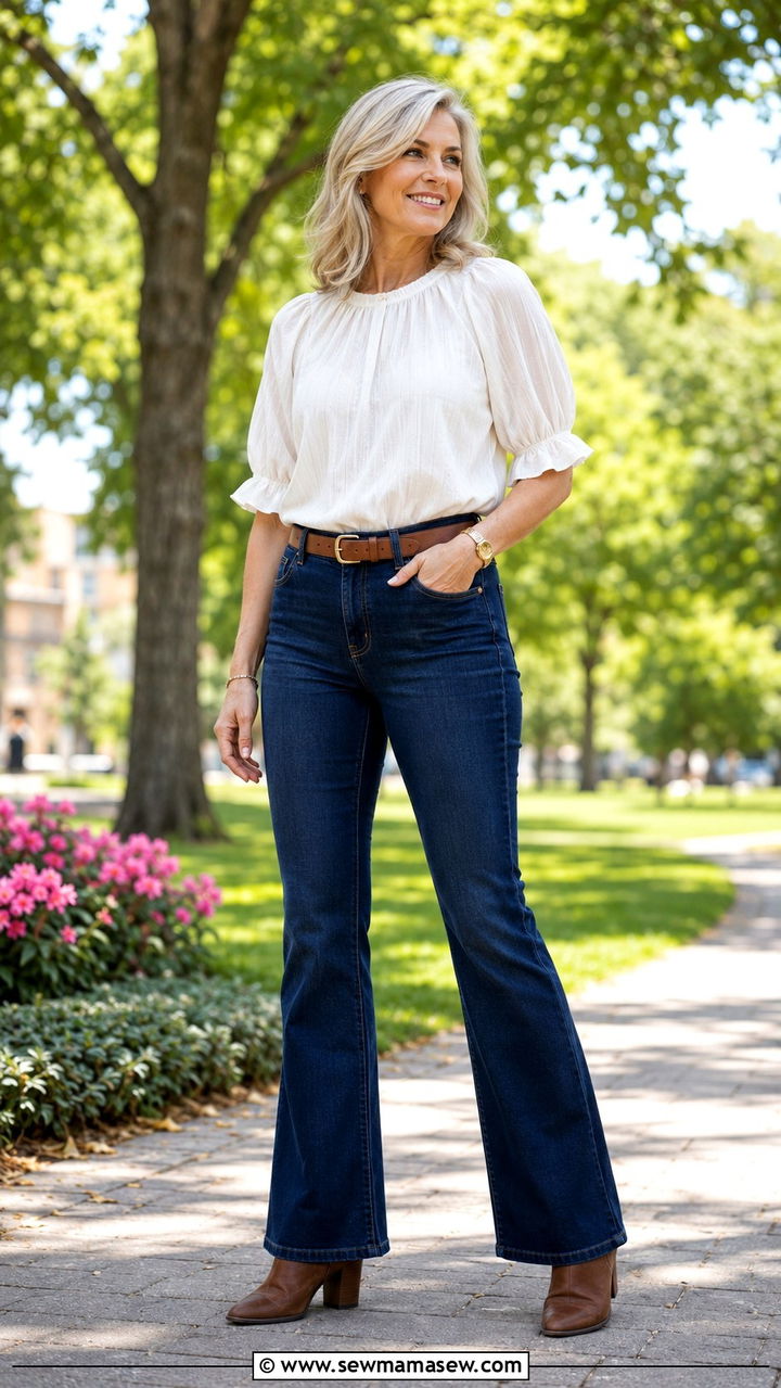 Puff Sleeve Blouse and Bootcut Jeans Combo - 25 Outfit ideas for rectangle over 50