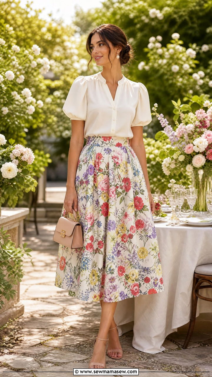 Puff Sleeve Blouse and Garden Floral Midi Skirt Outfit - 30 Summer outfits with midi skirts