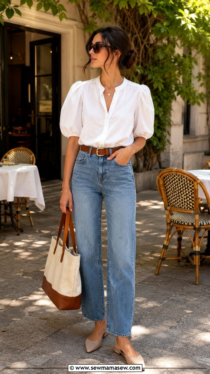 Puff Sleeve Blouse and High Waist Straight Jeans Outfit - 30 Retro outfit ideas 2026