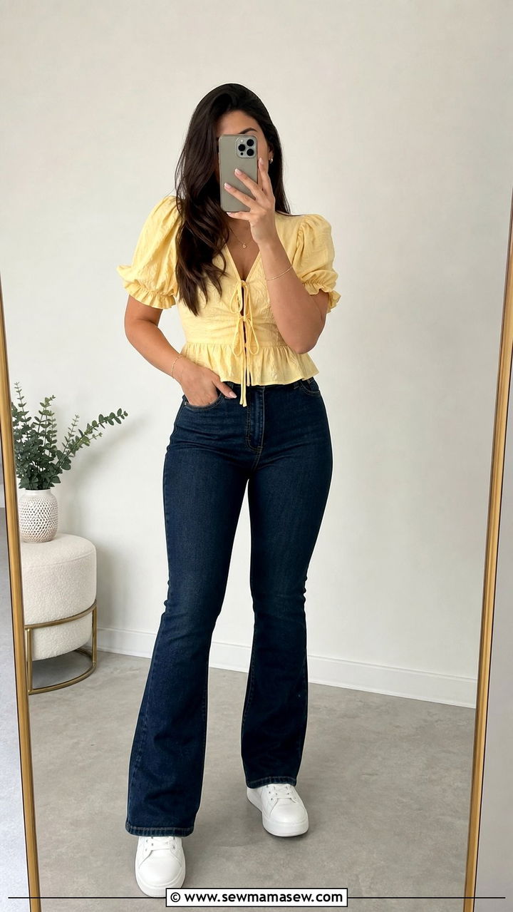 Puff Sleeve Blouse and High Waisted Bootcut Jeans Outfit for Pear Shape - 25 Summer outfits for pear shape
