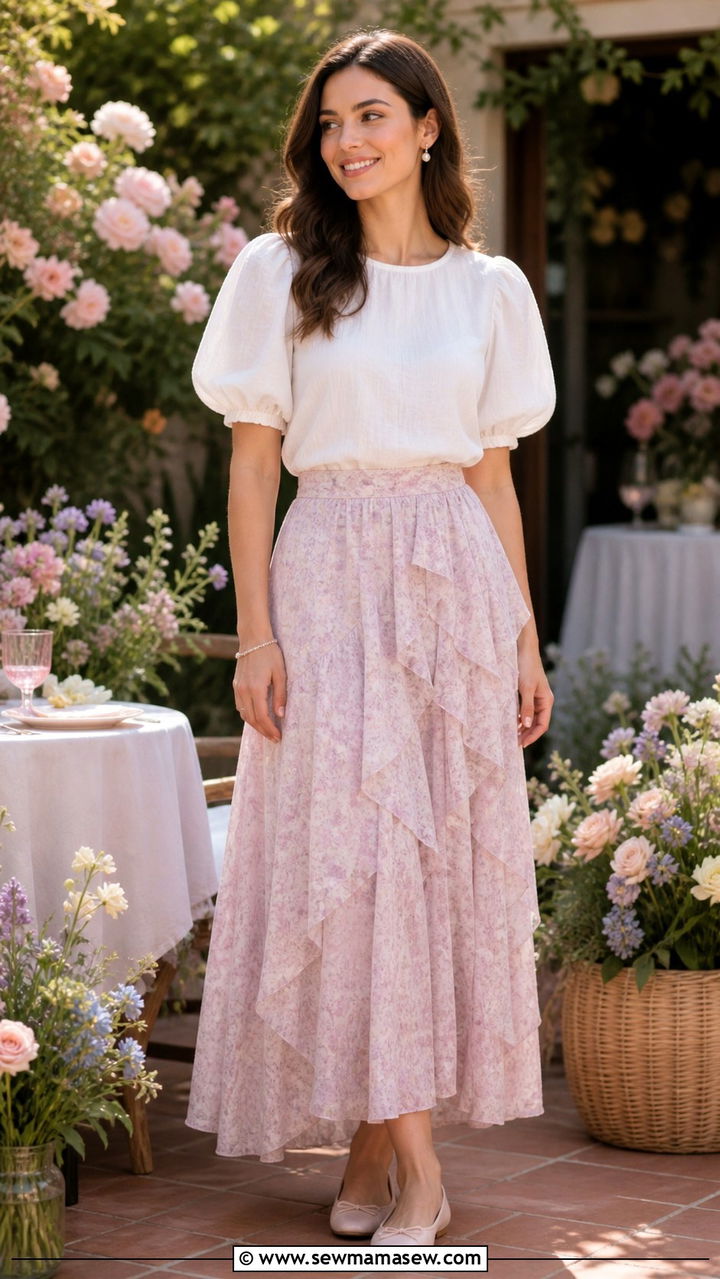 Puff Sleeve Blouse and Ruffled Maxi Skirt - 40 cute maxi skirt outfits