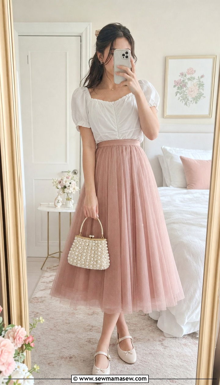 Puff Sleeve Blouse and Tulle Midi Skirt - 25 spring fairycore outfits