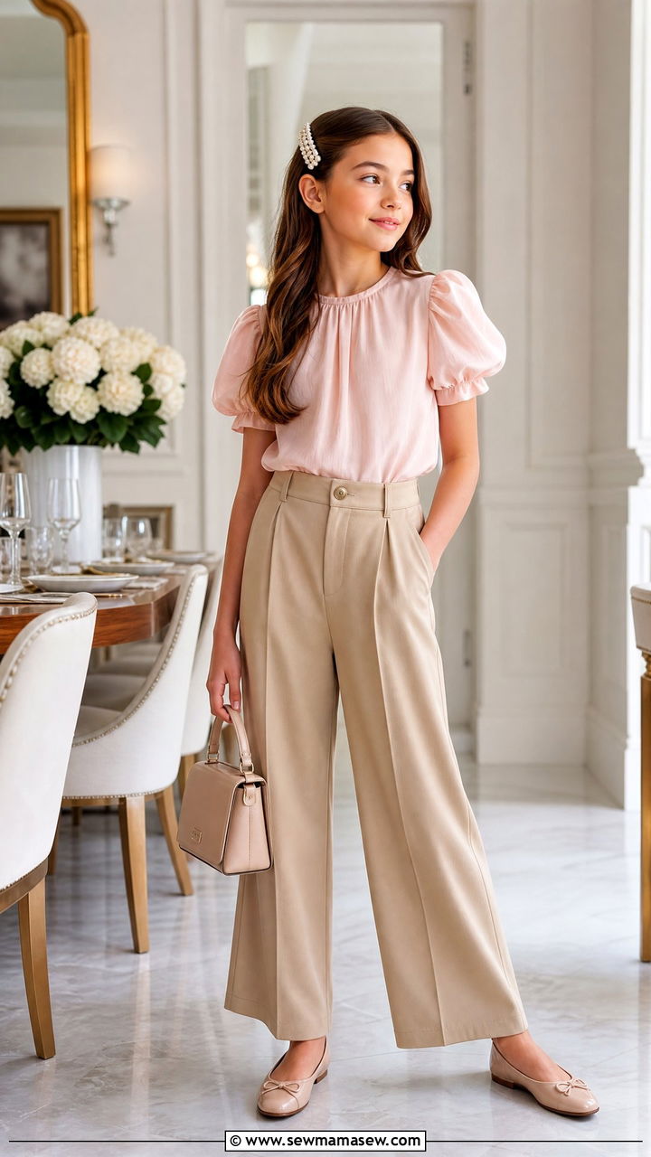 Puff Sleeve Blouse and Wide Leg Trousers Outfit - 30 Tween outfit ideas aesthetic