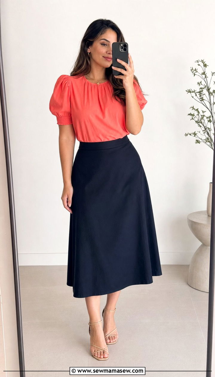 Puff Sleeve Blouse with A Line Midi Skirt - 25 Spring outfits for pear shape