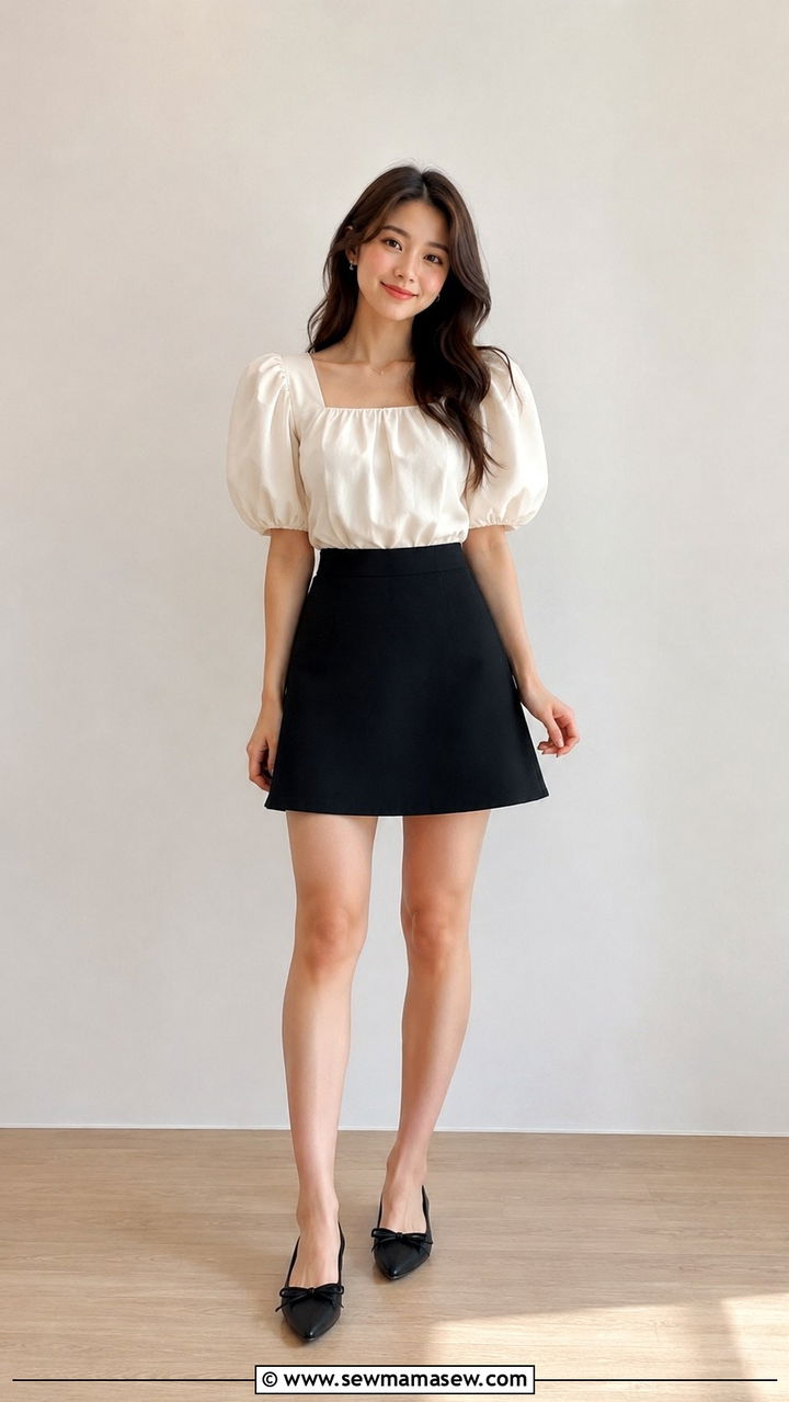 Puff Sleeve Blouse with A Line Mini Skirt Petite 53 - 20 Petite outfit ideas 5'3
