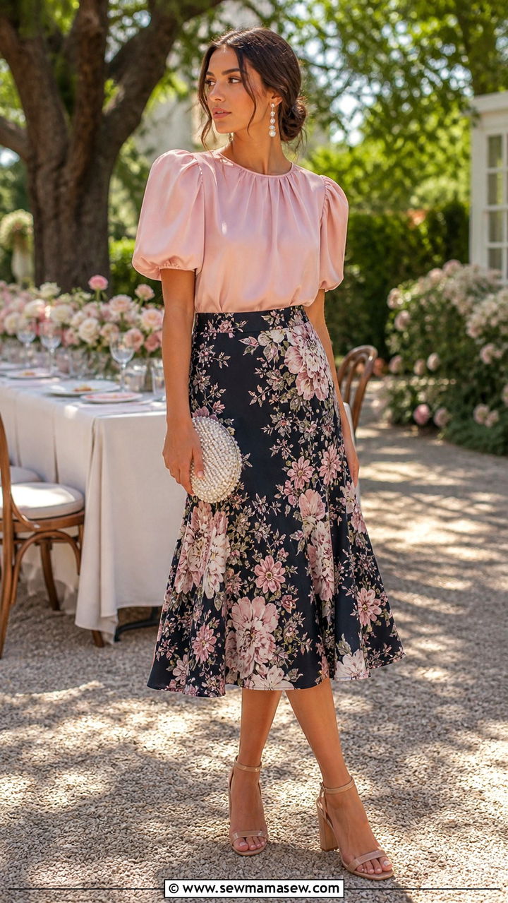 Puff Sleeve Blouse with Dark Floral Skirt and Block Heels - 40 Spring weekend outfit ideas