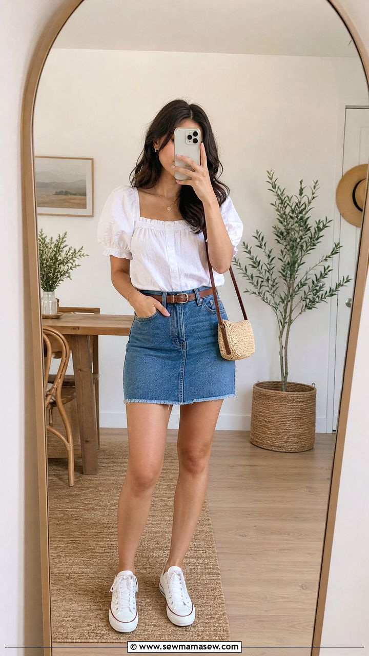 Puff Sleeve Blouse with Denim Mini Skirt - 30 summer picnic outfit ideas