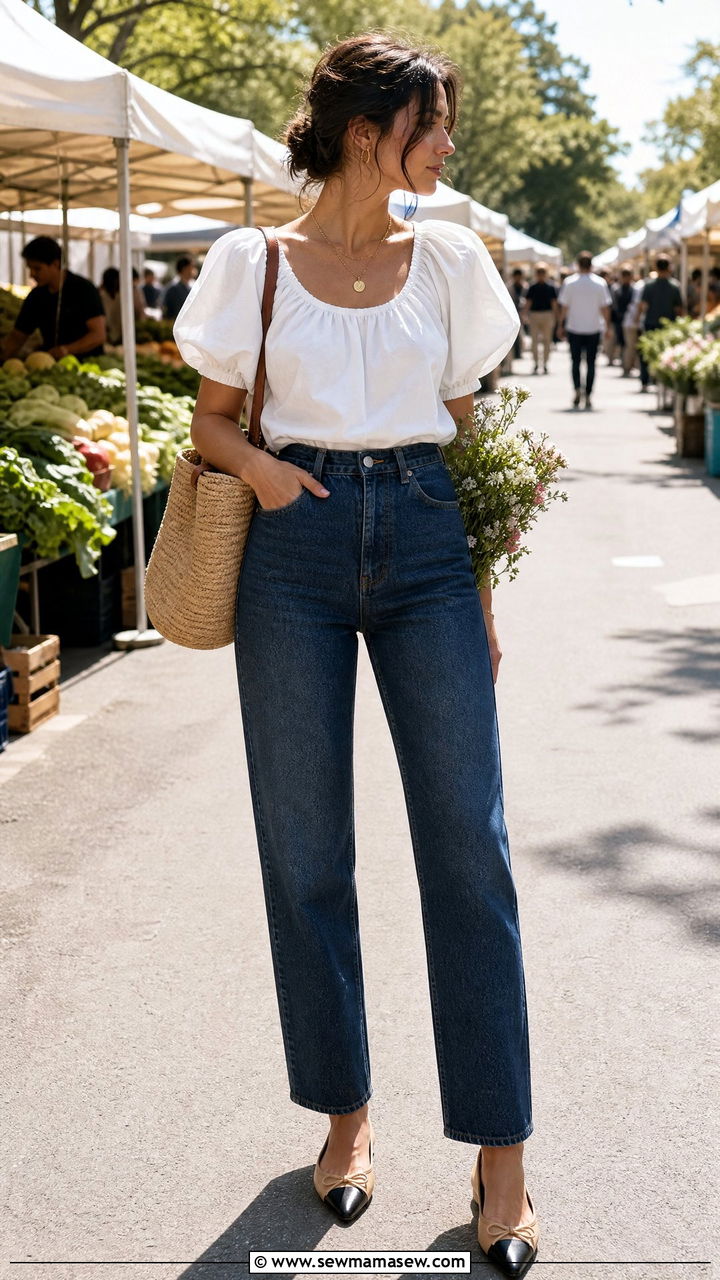 Puff Sleeve Blouse with High Waist Jeans - 25 Outfits for narrow shoulders