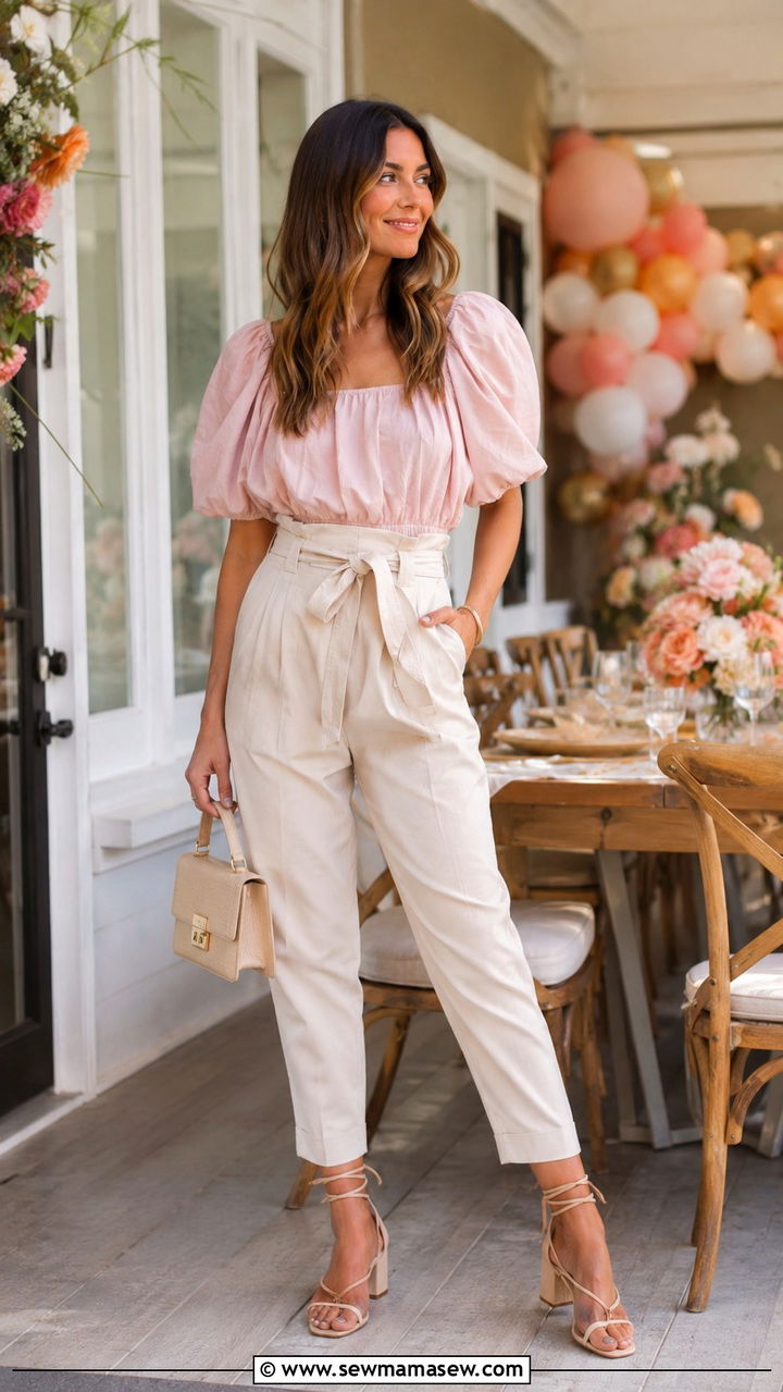 Puff Sleeve Blouse with High Waist Paper Bag Pants - 30 Lunar new year outfit ideas