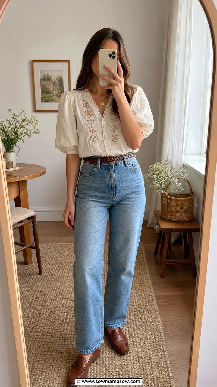 Puff Sleeve Blouse with High Waisted Jeans and Loafers - 30 Cottagecore spring outfits
