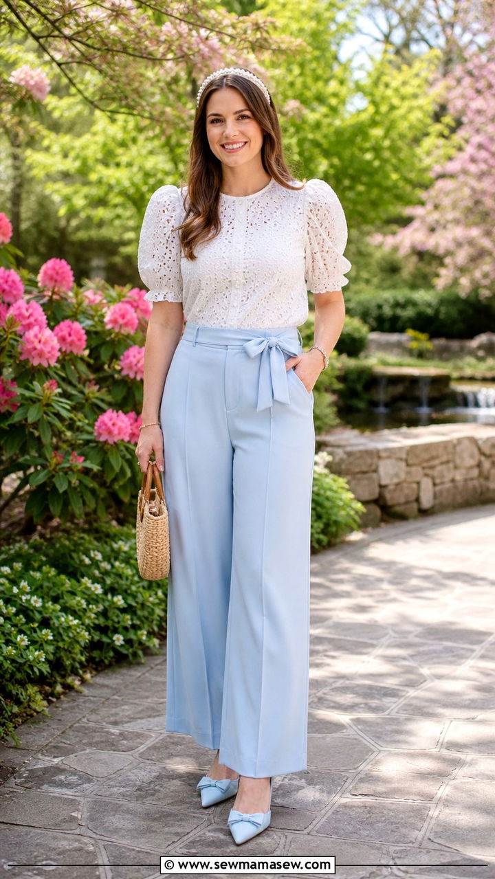 Puff Sleeve Blouse with Pastel Palazzo Pants - 40 palazzo pants outfit ideas
