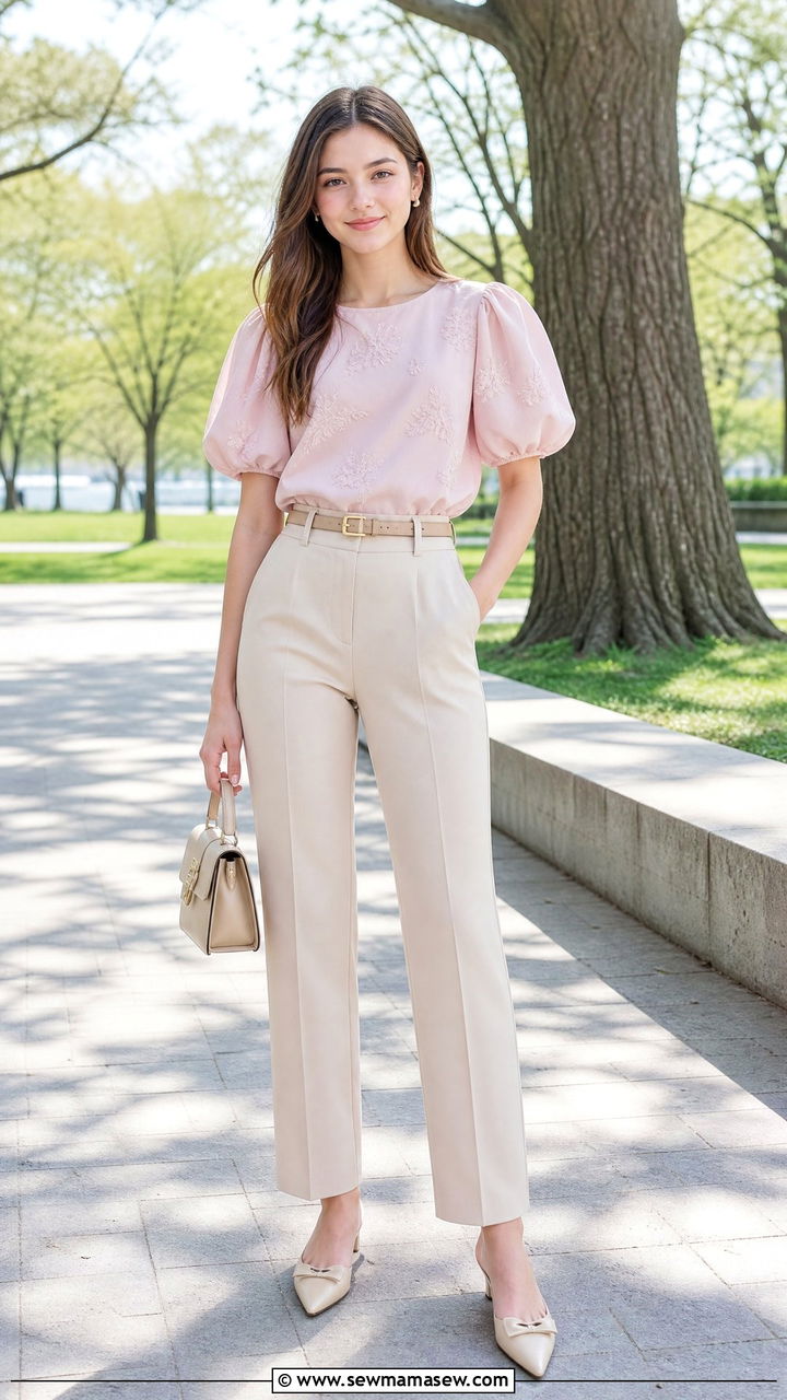 Puff Sleeve Blouse with Straight Leg Pants - 30 Cute outfits for teens