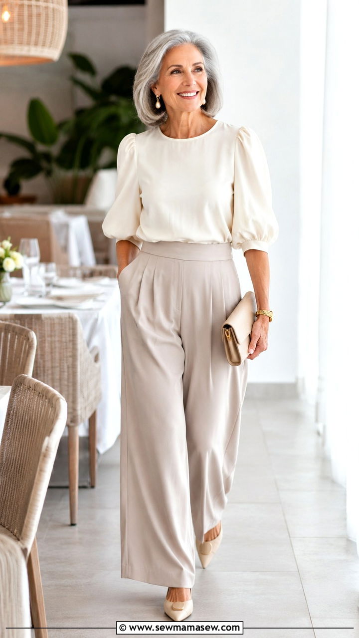 Puff Sleeve Blouse with Wide Leg Pants - 20 Brunch outfit ideas for women over 60