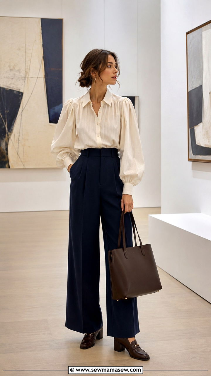Puff Sleeve Blouse with Wide Leg Trousers - 30 Romantic academia outfit ideas