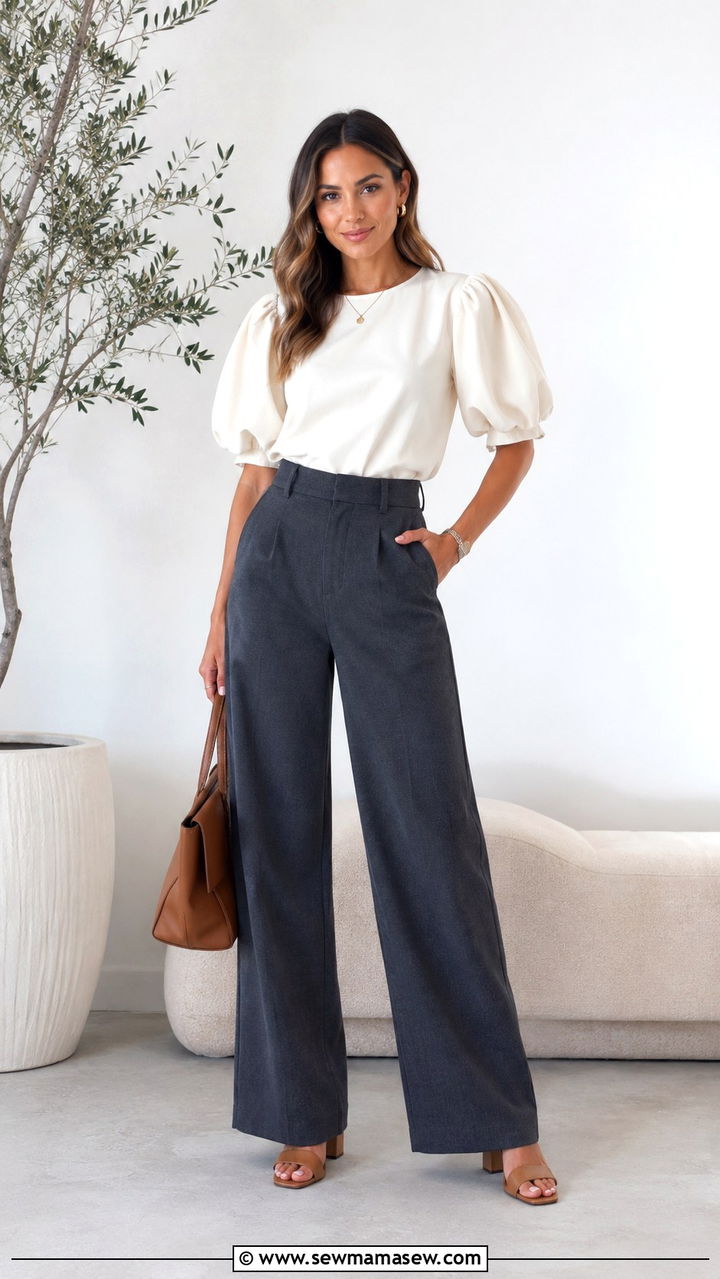 Puff Sleeve Blouse with Wide Leg Trousers and Block Heel Sandals - 25 work outfits for pear shaped body